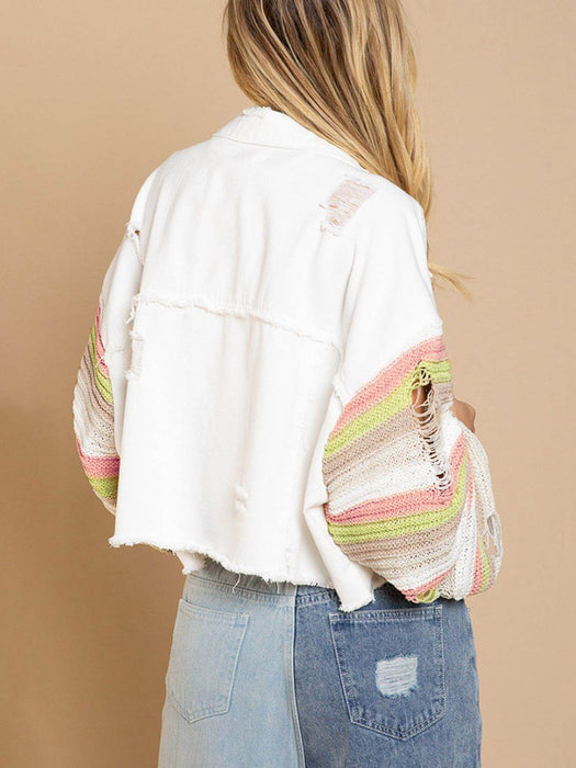 Distressed Striped Long Sleeve Denim Jacket - Byyde