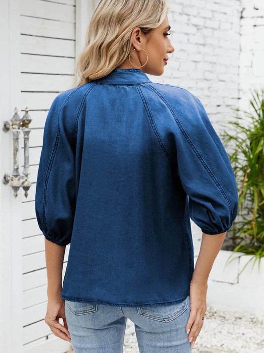 Denim Bow Tie Puff Sleeve Top - Byyde