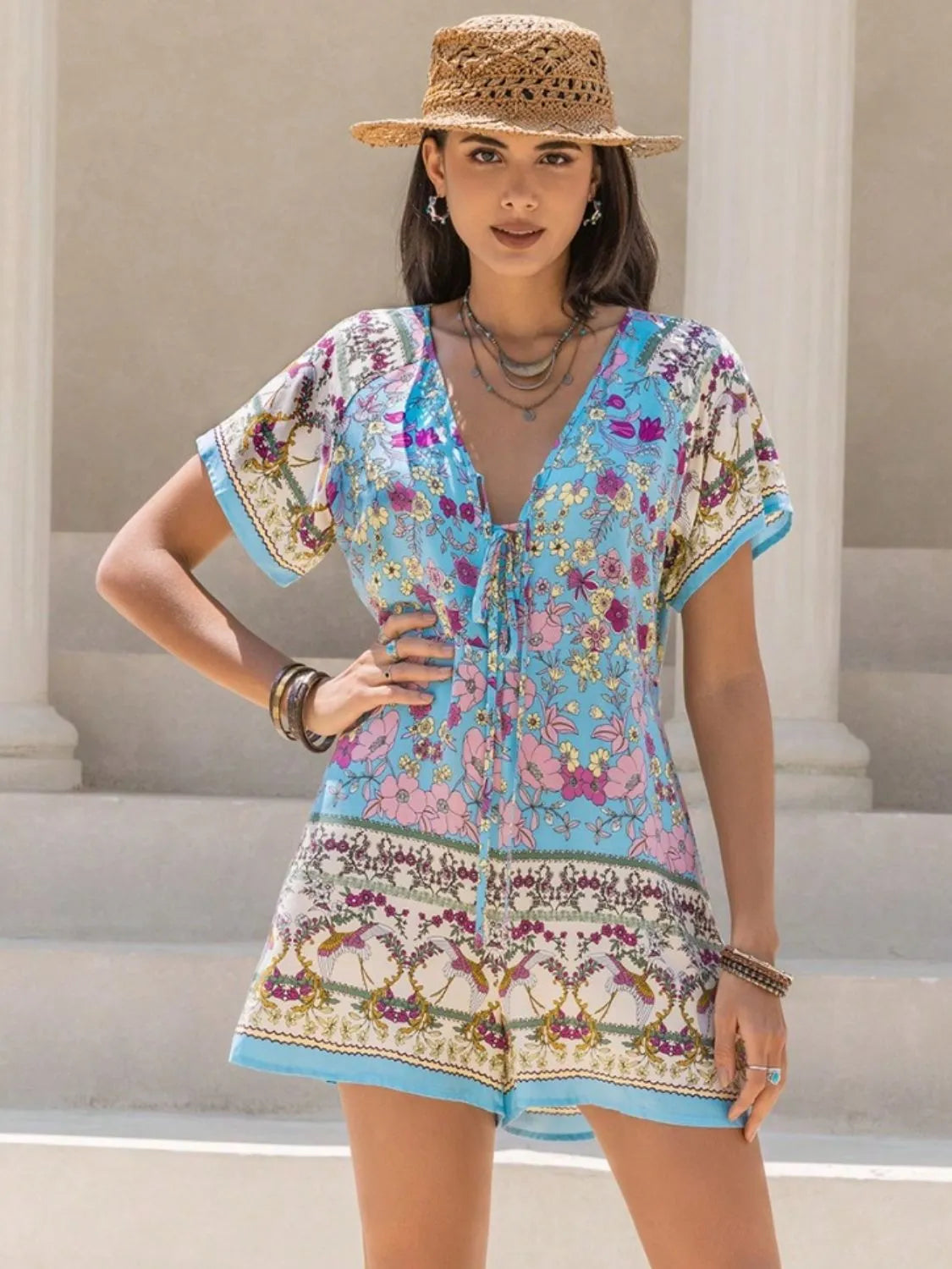 Tied Front Printed Short Sleeve Romper - Byyde