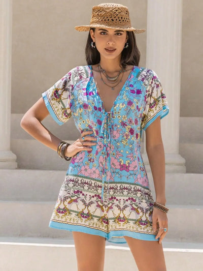 Tied Front Printed Short Sleeve Romper - Byyde