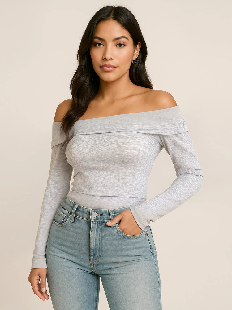 Off-Shoulder Long Sleeve Fitted T-Shirt - Byyde