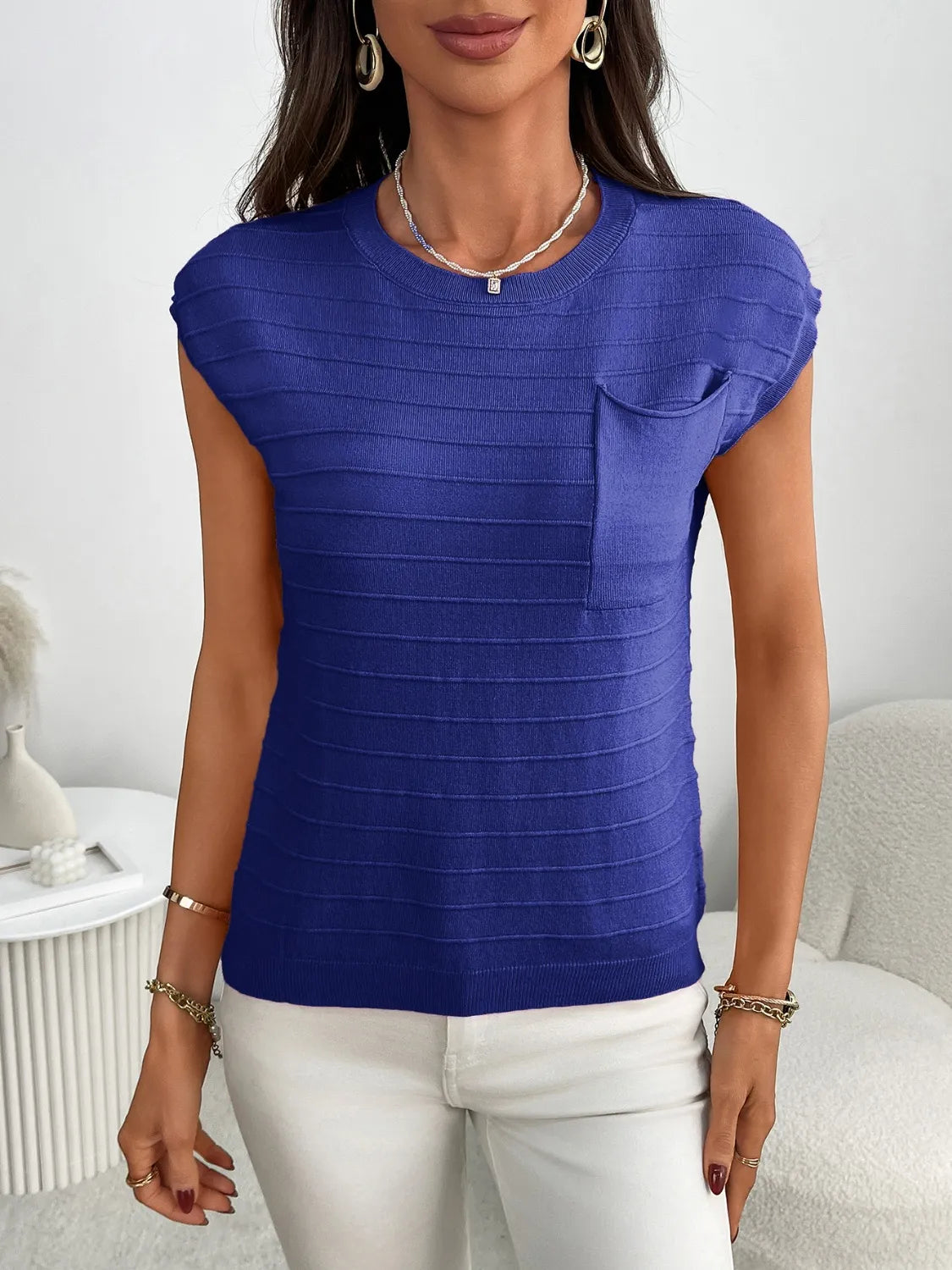 Round Neck Cap Sleeve Knit Top - Byyde