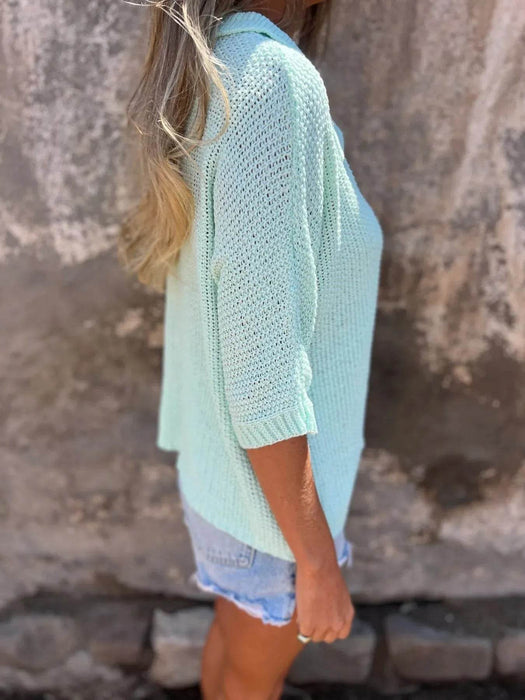 Full Size Johnny Collar Loose Knit Sweater Plus Size - Byyde