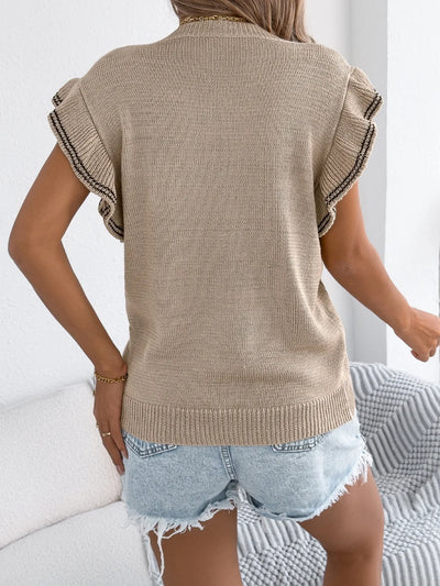 Openwork Round Neck Cap Sleeve Knit Top - Byyde