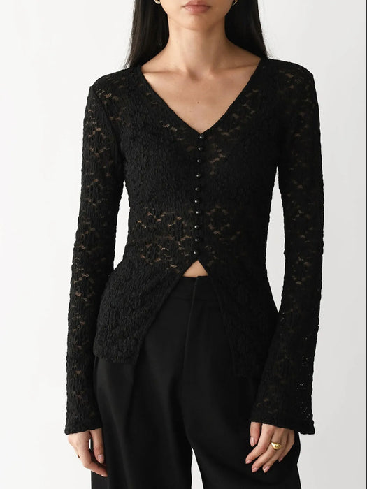 Lace V-Neck Flare Sleeve T-Shirt - Byyde