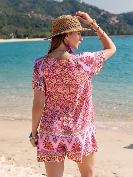 Printed V-Neck Short Sleeve Romper - Byyde