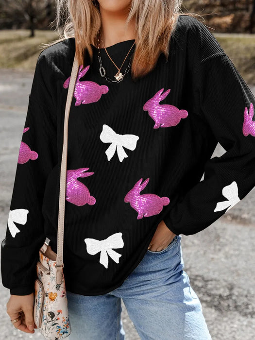 Sequin Bunny Bow Easter Corded Rib Sweatshirt - Byyde