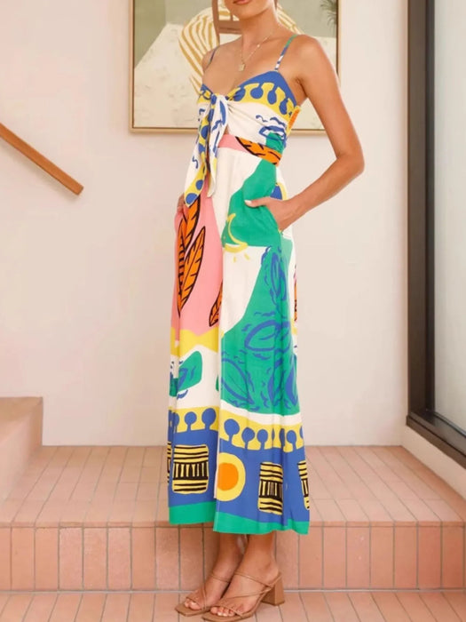 Tied Front Printed Slit Maxi Cami Dress - Byyde