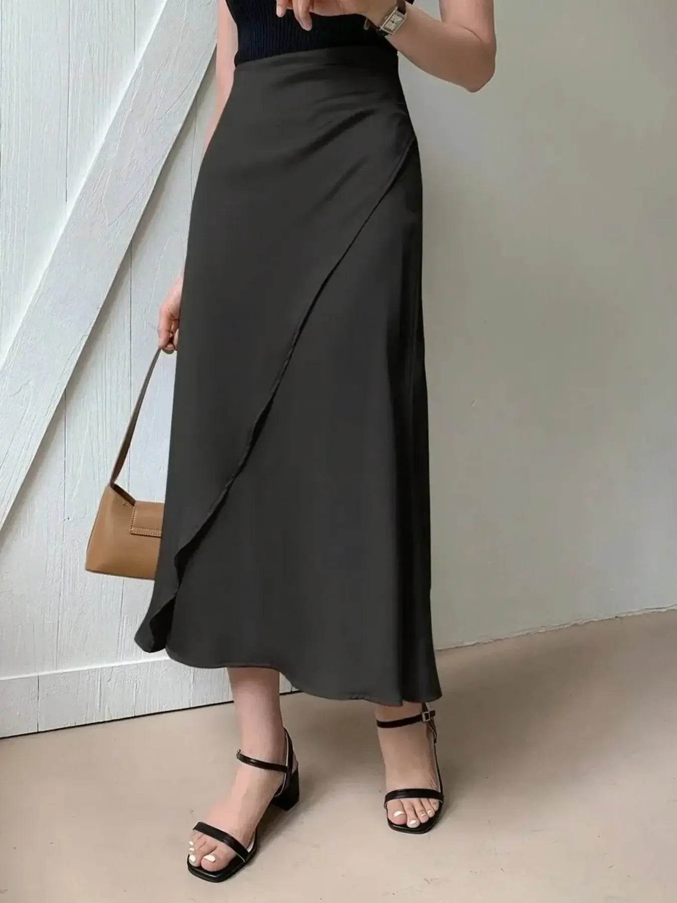 Asymmetric Wrap Midi Skirt with Fluted Hem - Byyde