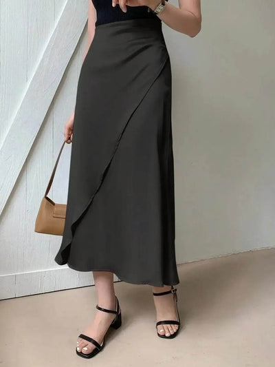 Asymmetric Wrap Midi Skirt with Fluted Hem - Byyde