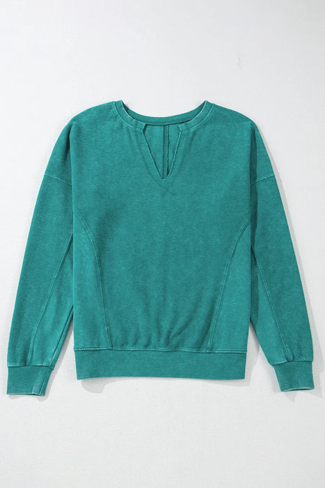 Notched Drop Shoulder Long Sleeve Sweatshirt - Byyde