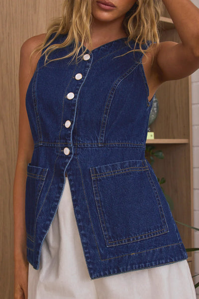 Sleeveless Button-Front Denim Vest Top - Byyde