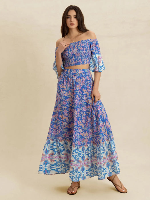 Smocked Off-Shoulder Printed Top and Skirt Set - Byyde