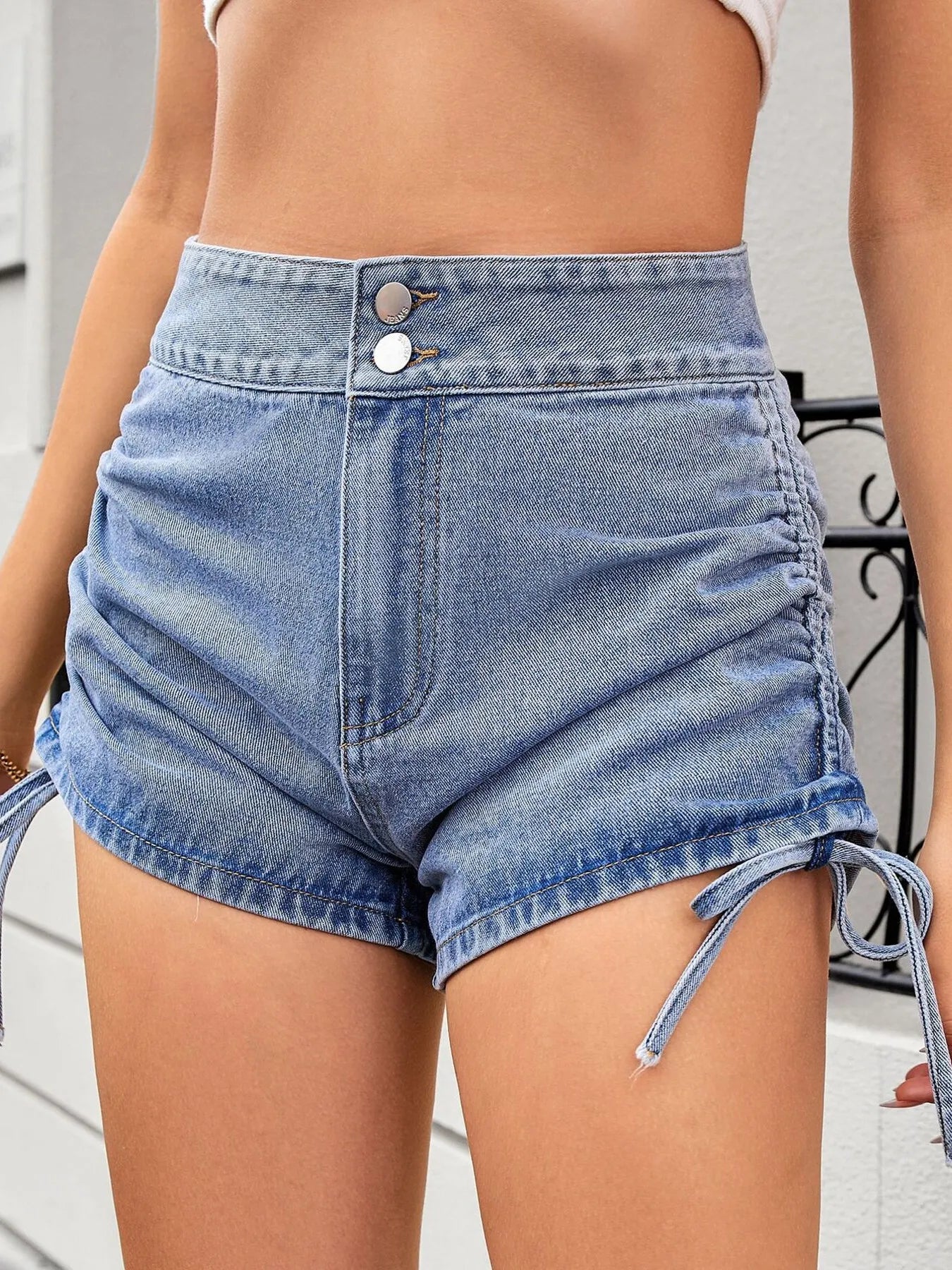 Ruched Side Drawstring Denim Shorts - Byyde