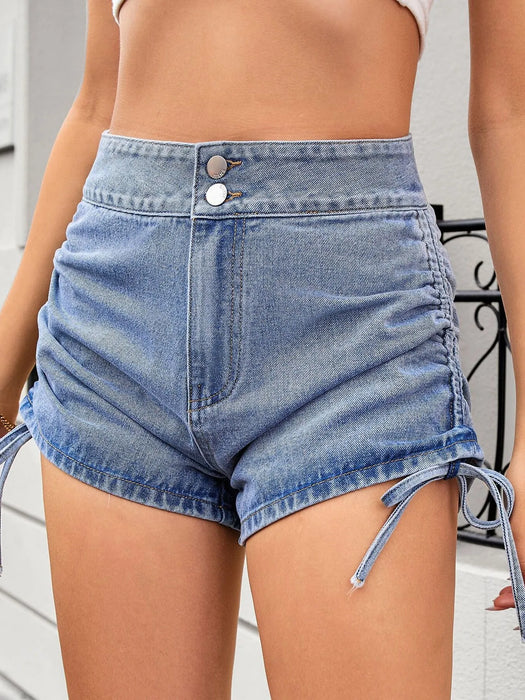 Ruched Side Drawstring Denim Shorts - Byyde