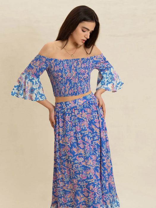 Smocked Off-Shoulder Printed Top and Skirt Set - Byyde