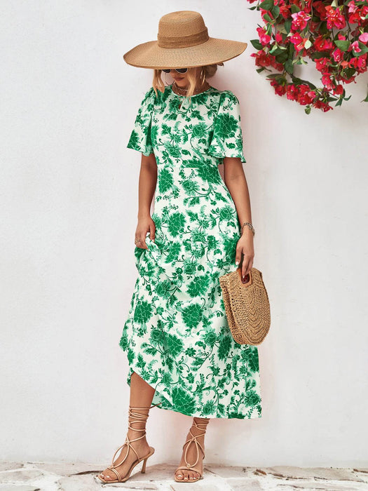 Floral Round Neck Tied Open Back Dress - Byyde