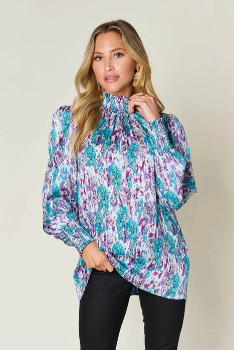 Double Take Full Size Printed Smocked Long Sleeve Blouse - Byyde