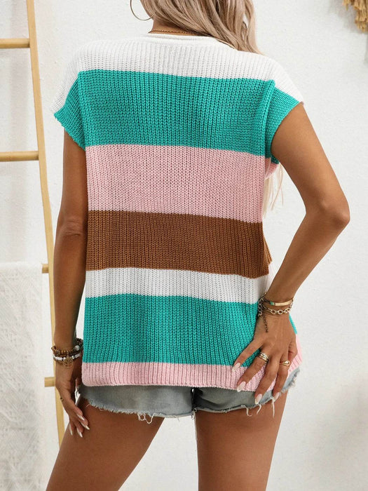 Color Block Notched Short Sleeve Knit Top - Byyde