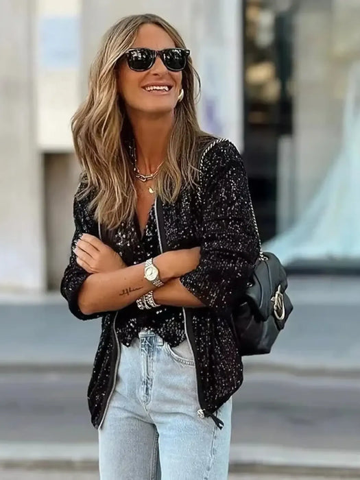 Sequin Zip Up Long Sleeve Jacket - Byyde