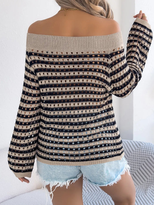 Openwork Striped Off-Shoulder Knit Top - Byyde