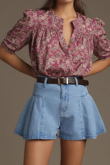 Pleated Patchwork Panel Lightweight Denim Shorts - Byyde