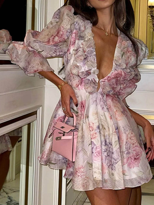 Floral Print Ruffled Mini Dress with Deep V-Neck - Byyde