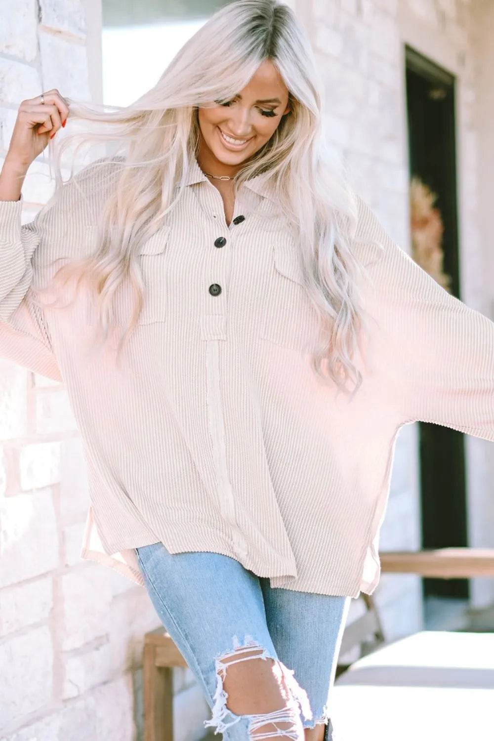 Collared Neck Half Button Long Sleeve Blouse - Byyde