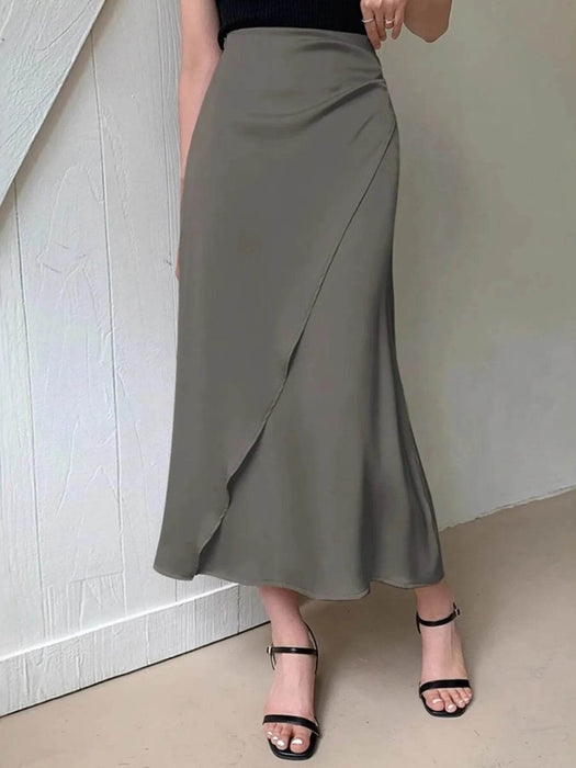 Asymmetric Wrap Midi Skirt with Fluted Hem - Byyde