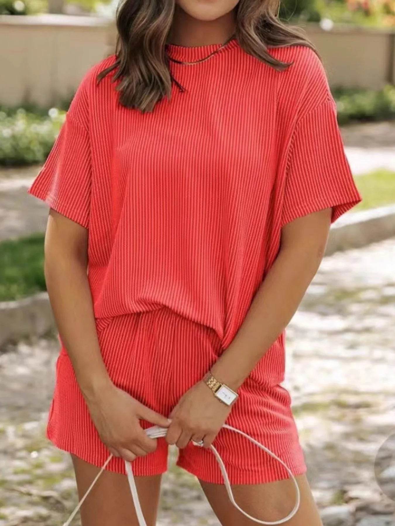 Full Size Ribbed Short Sleeve Top and Shorts Two-Piece Set Plus Size - Byyde