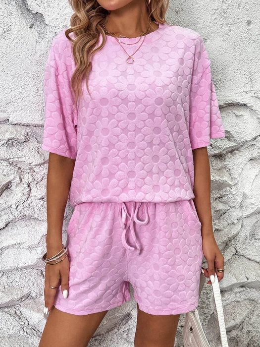 Flower Round Neck Top and Shorts Lounge Set - Byyde