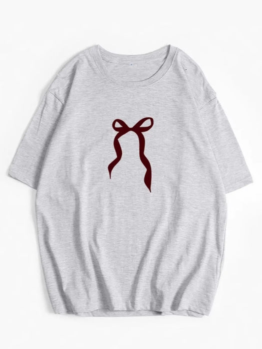 Plus Size Bow Round Neck Short Sleeve T-Shirt - Byyde
