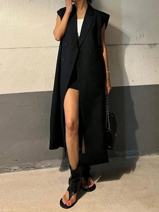 Lapel Collar Sleeveless Longline Blazer - Byyde