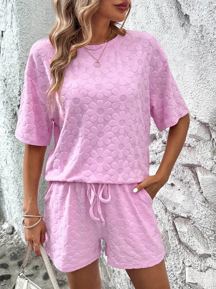 Flower Round Neck Top and Shorts Lounge Set - Byyde