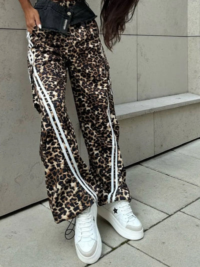 Leopard Print Wide Leg Pants with Side Stripe Detail - Byyde