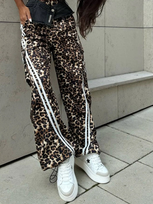 Leopard Print Wide Leg Pants with Side Stripe Detail - Byyde
