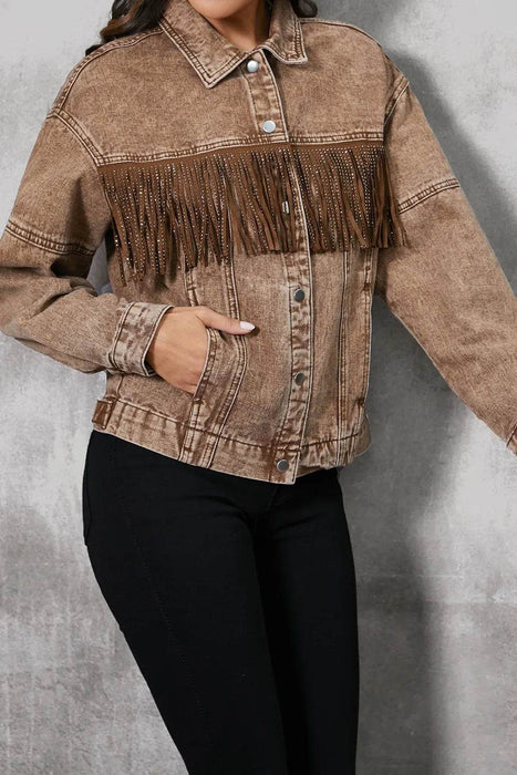 Fringe Trim Snap Down Denim Jacket - Byyde
