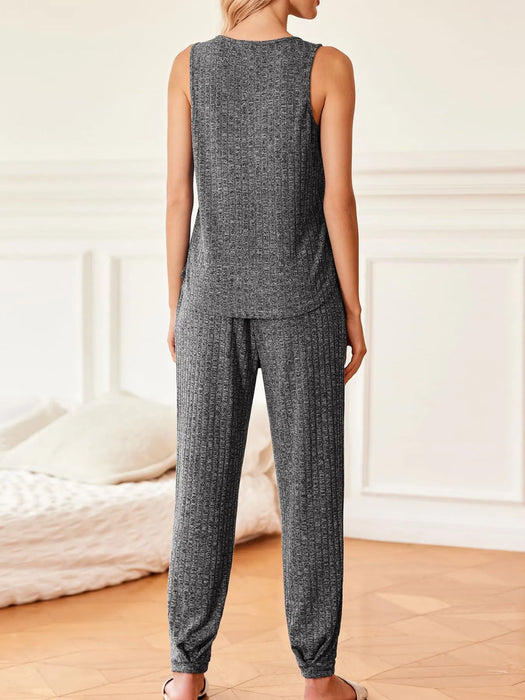 Ribbed Knit V-Neck Tank and Pants Lounge Set - Byyde