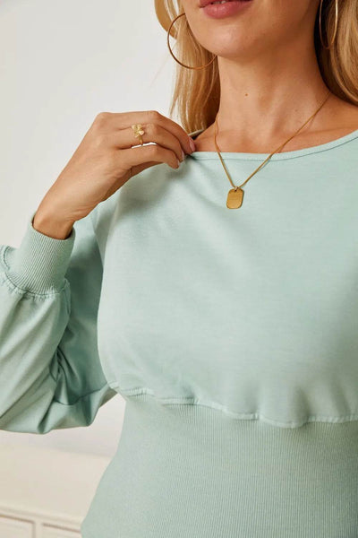 Boat Neck Lantern Sleeve Blouse - Byyde