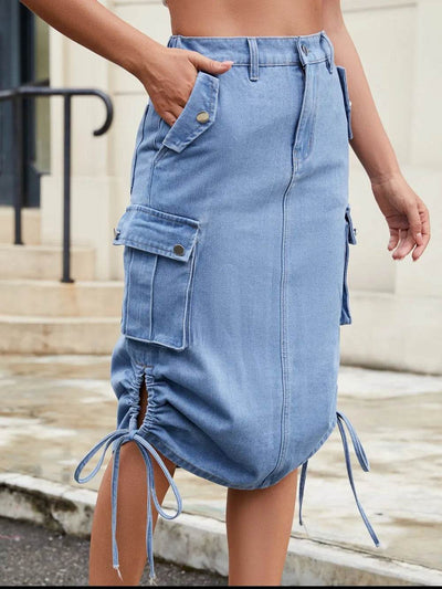 Drawstring Denim Skirt with Cargo Pockets - Byyde