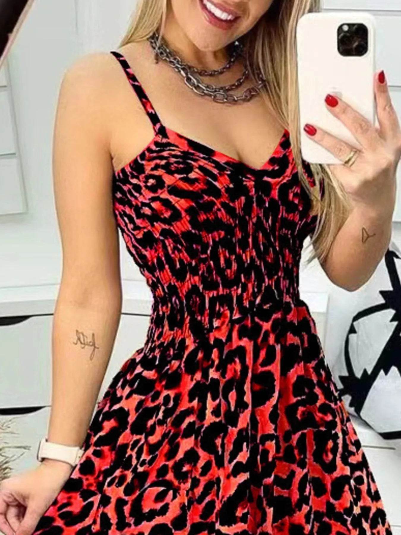 Full Size Leopard Print Spaghetti Strap Maxi Dress Plus Size - Byyde