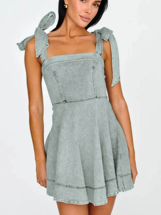 Bow-Shoulder Square Neck Denim Mini Dress - Byyde