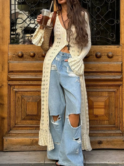 Ruffled Hem Openwork Longline Cardigan - Byyde