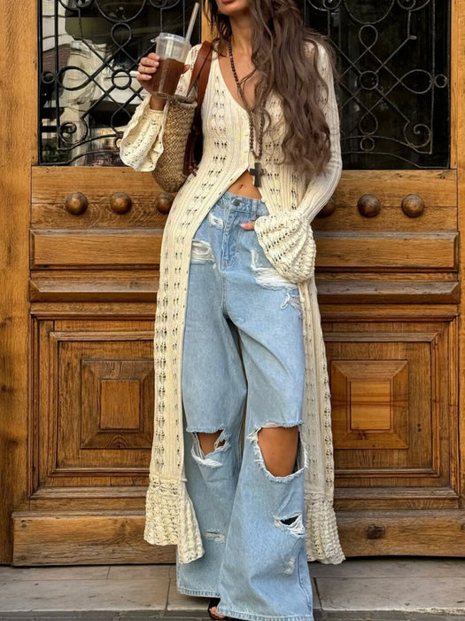 Ruffled Hem Openwork Longline Cardigan - Byyde