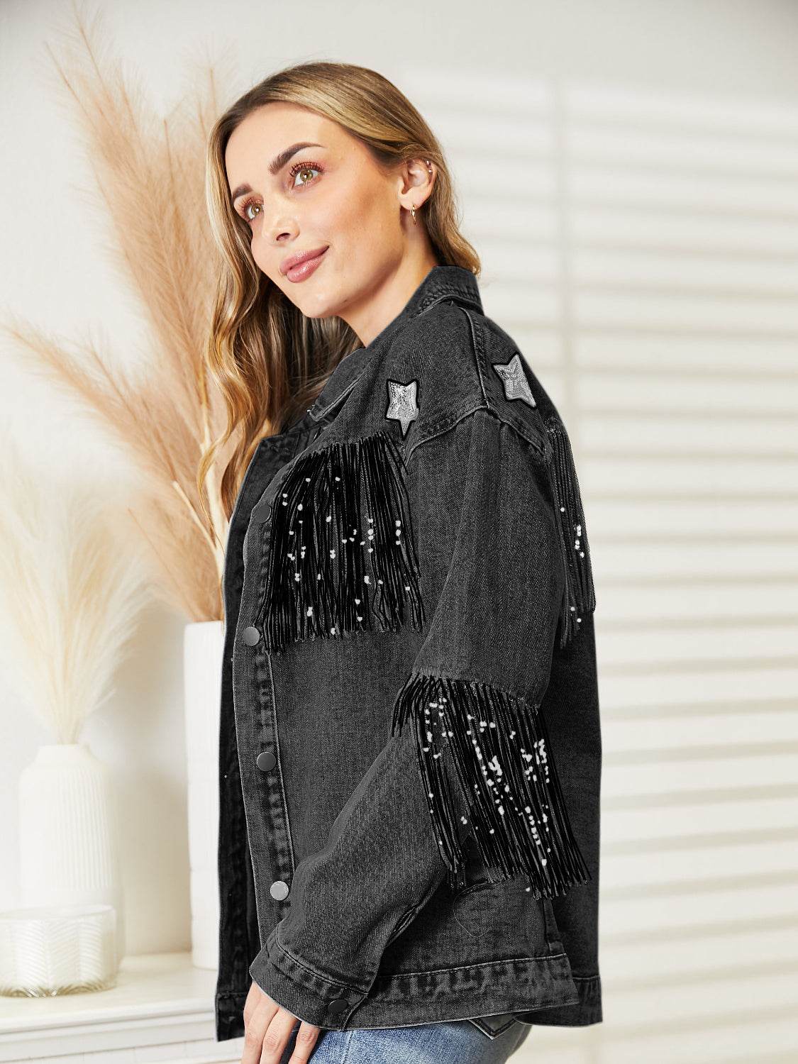 Fringe Detail Long Sleeve Denim Jacket - Byyde