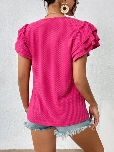 Round Neck Ruffle Sleeve T-Shirt - Byyde