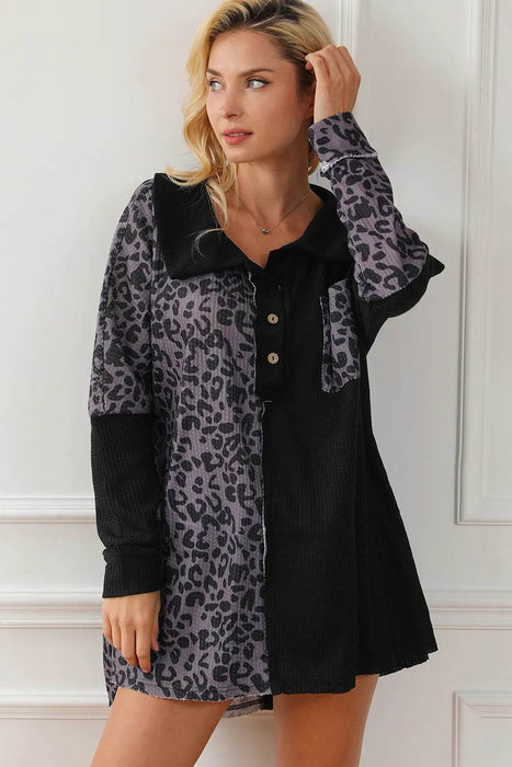 Half Button Leopard Collared Neck Blouse - Byyde