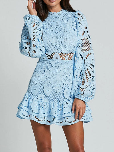 Lace Crochet Long Sleeve Mini Dress - Byyde