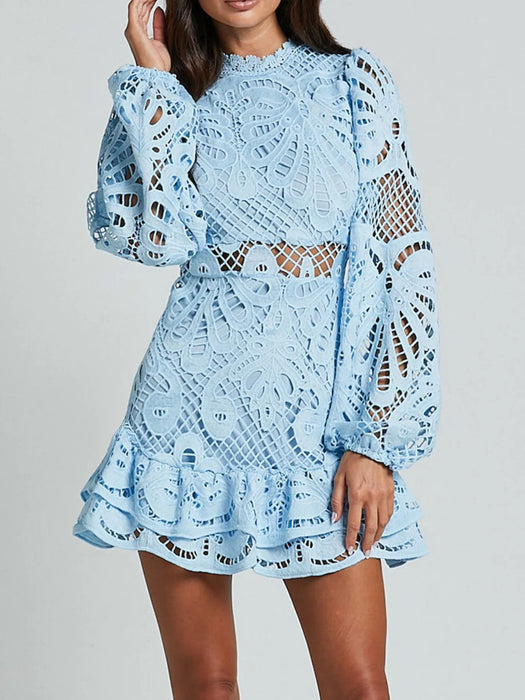 Lace Crochet Long Sleeve Mini Dress - Byyde