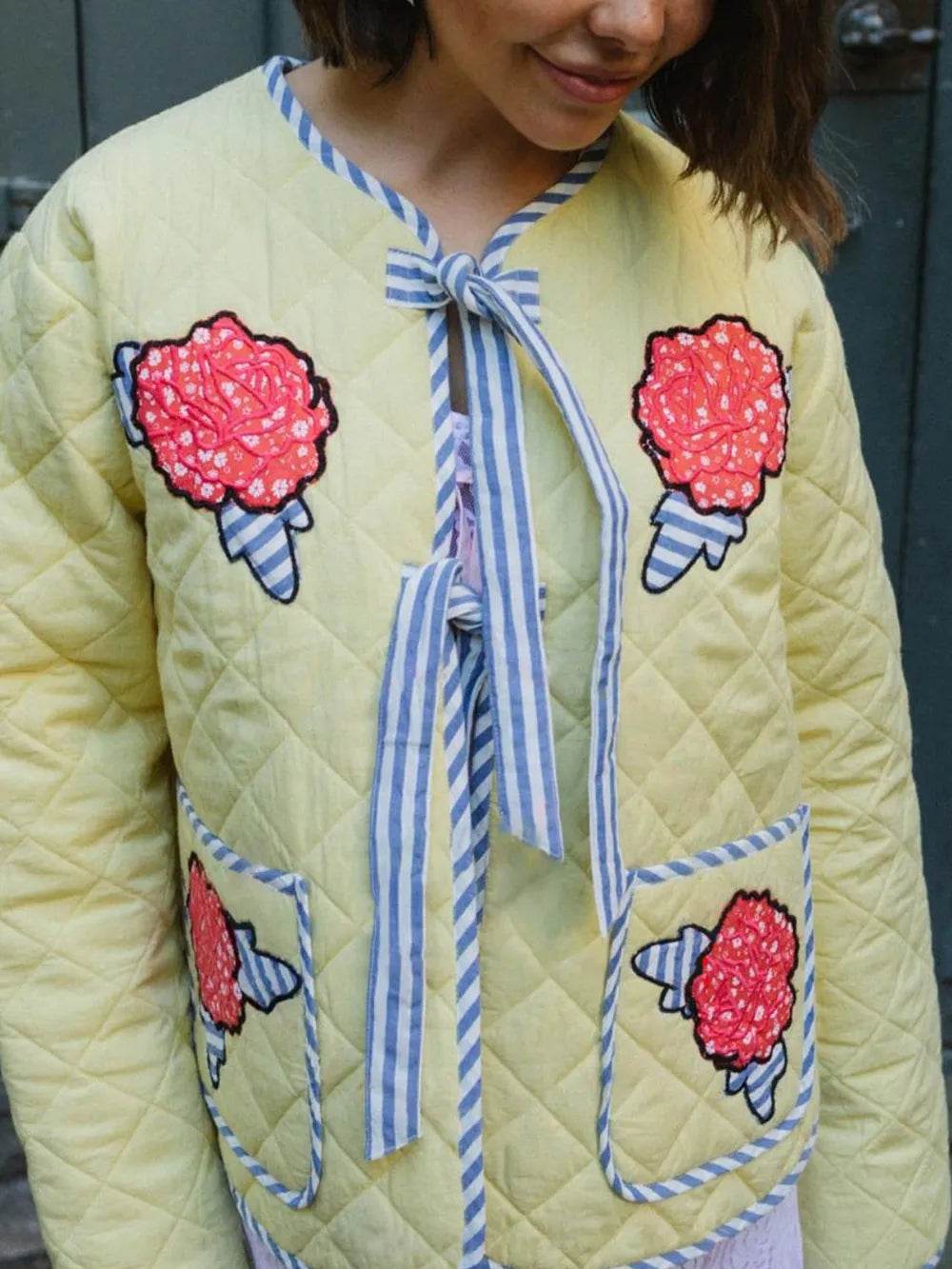 Embroidered Flower Tied Long Sleeve Winter Coat - Byyde